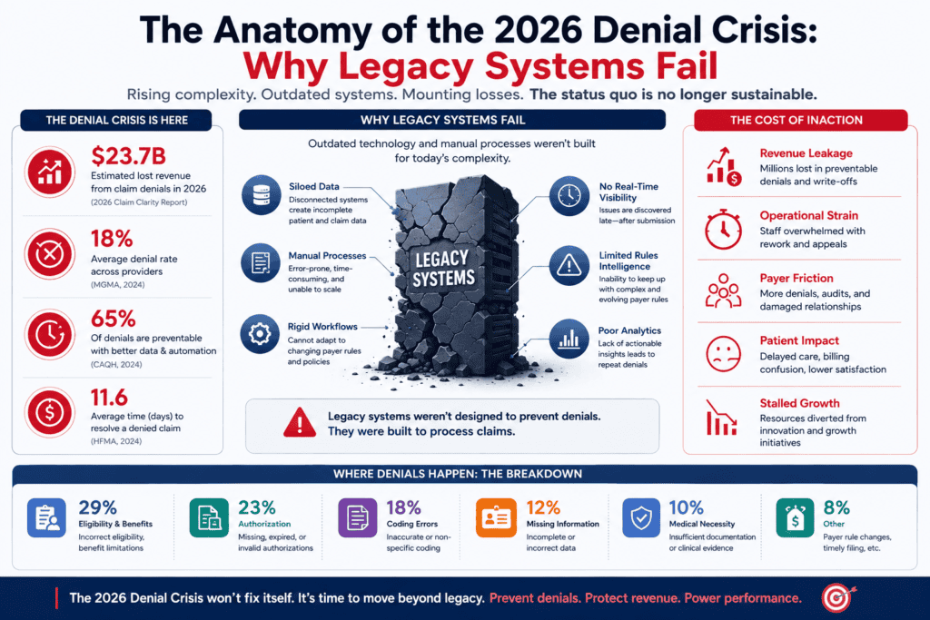 Visual explaining why legacy systems fail in the 2026 denial crisis with key statistics and breakdow.